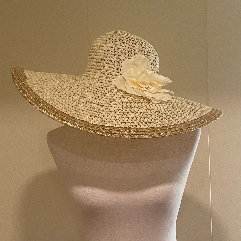 Apt 9 Floppy Straw Beach Sun Hat With Flower Vacation Summer Gold Tan One Size